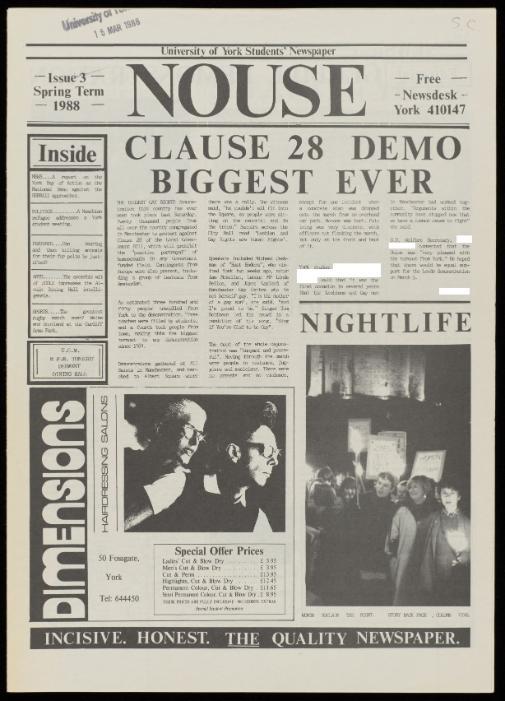 Front cover of student newspaper Nouse, featuring a story about the student march against the implementation of Clause 28, 1988.