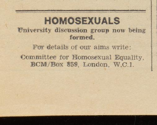Advert in University student newspaper Nouse for homosexuals to join a new student group, November 1970.
