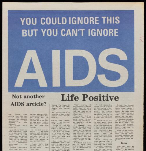 Top section of the front page of an AIDS supplement to York Vision newspaper, 1988.