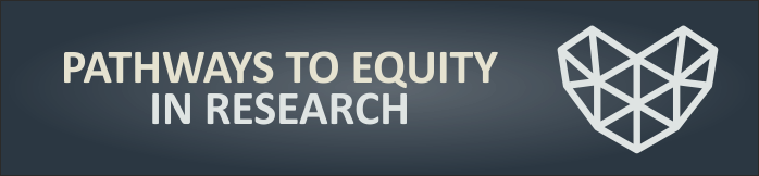 Logo for pathways to equity in research symposium with white heart logo on dark blue background