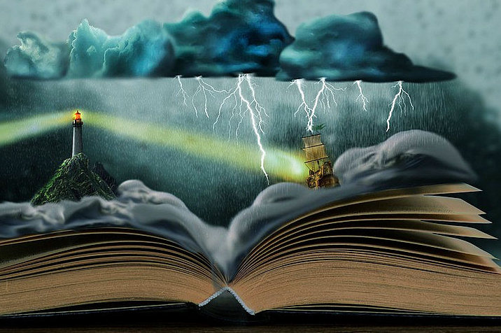Composite illustration of an open book with a stormy sea, a lighthouse and a ship in the storm