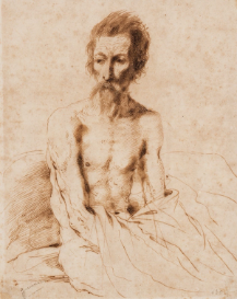 Sketch of a topless man sitting on a chair