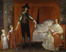 A an early modern family gathers round the bed of an ill woman
