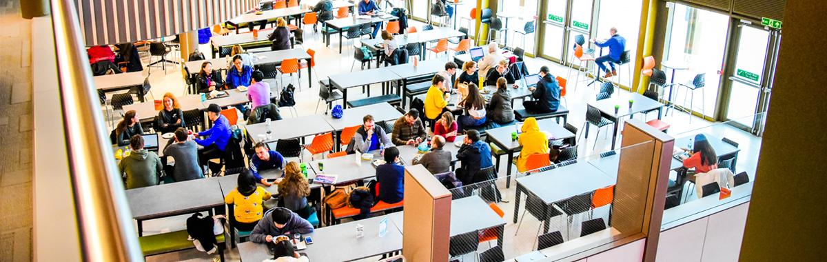 Atrium style seating area of restaurant, which full of people eating and drinking