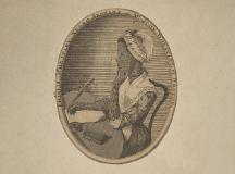 A black and white linograph print of Phillis sitting at a desk writing.