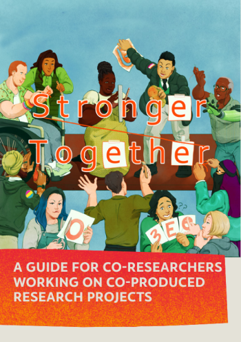 Front cover of booklet showing a wide range of people collaborating to create the letters for the text of the title