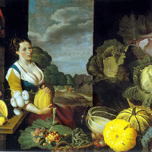 Cookmaid with Still Life of Vegetables and Fruit (detail), oil on canvas 1510 x 2467 mm c1620-5, by Sir Nathaniel Bacon