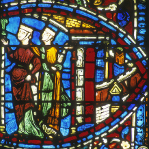 Chartres, Cathédrale Notre Dame, Bay 35, panel 6, Two courtesans greet the Prodigal Son