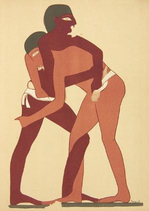 Watercolor copy of two wrestlers from the tomb of Khnumhotep II at Beni Hasan, 12th Dynasty, Egypt