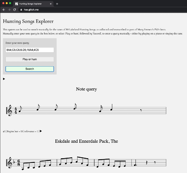 A screenshot of the Hunting Songs Explorer database search system