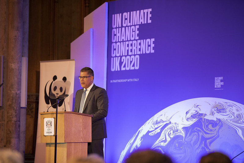 Picture of COP26 President Alok Sharma at a podium at Launch of COP26 Private Finance Agenda