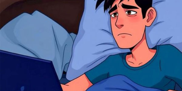 A cartoon image of a young man sitting up in bed late at night with a laptop, stressed and struggling to stop online gambling