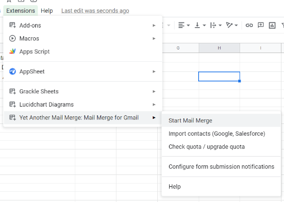 The YAMM option on the extension menu in Google Sheets