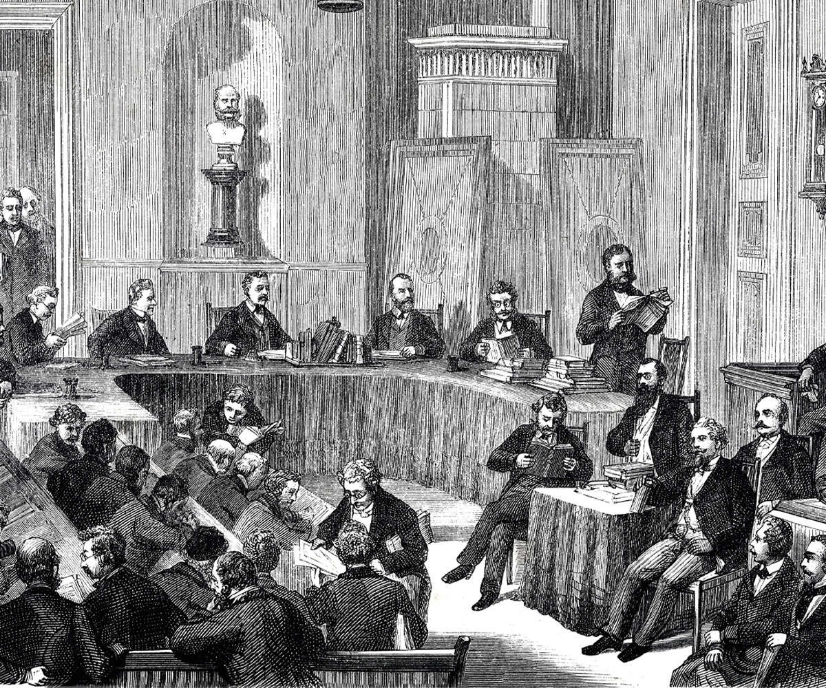 Victorian engraving of a trial in a courtroom.