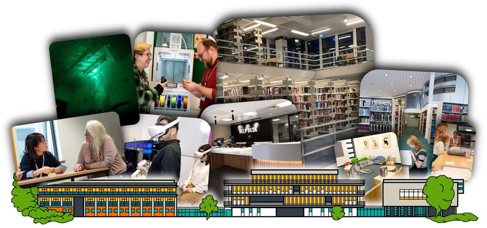A drawing of the three connected library buildings. Emerging from them are a series of images showing some of the things that you'll find therein: one-to-ones, sensory study spaces, 3D printing, digital creativity, books, the helpdesk, a family study room, archives, and study spaces.