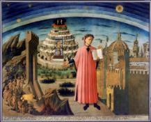 Dante Alighieri with Florence and the Realms of the Divine Comedy (Hell, Purgatory, Paradise)