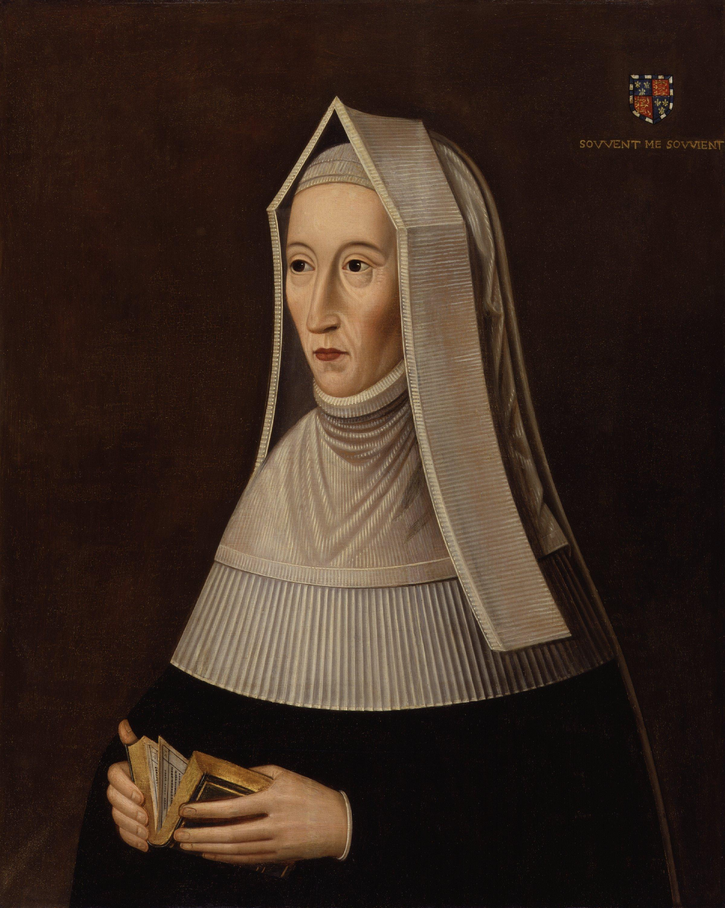 Portrait of Margaret Beaufort (1443-1509) dressed as a widow, mother of Henry VII of England. The portrait features the coat of arms of the House of Beaufort, and the words