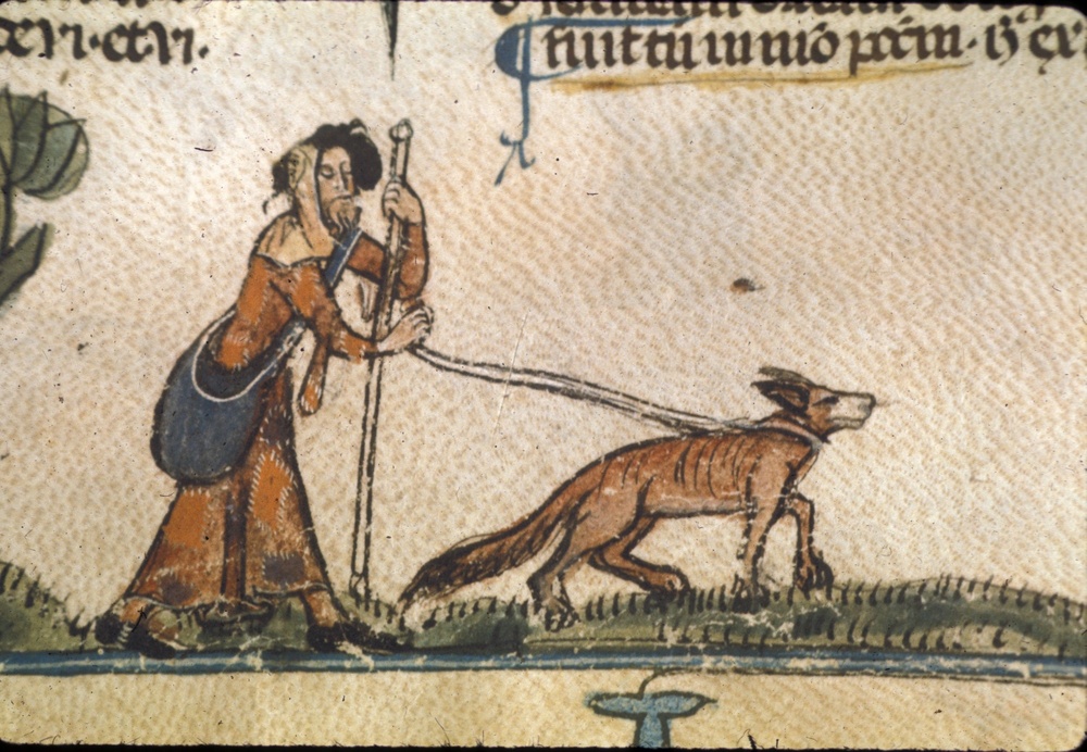 Manuscript image of a blind man with cane and guide dog