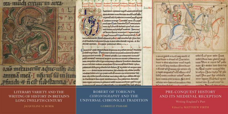 Book covers from York Medieval Press: Robert of Torigni’s Chronography and the Universal Chronicle Tradition; Pre-Conquest History and its Medieval Reception: Writing England's Past; Literary Variety and the Writing of History in Britain’s Long Twelfth Century