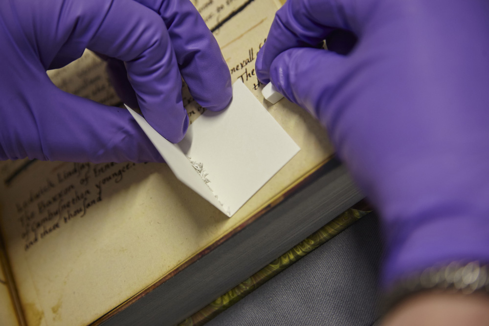 Image: Non-invasive sampling extracting protein from parchment using eraser crumbs. Reproduced by courtesy of The John Rylands Library University of Manchester.