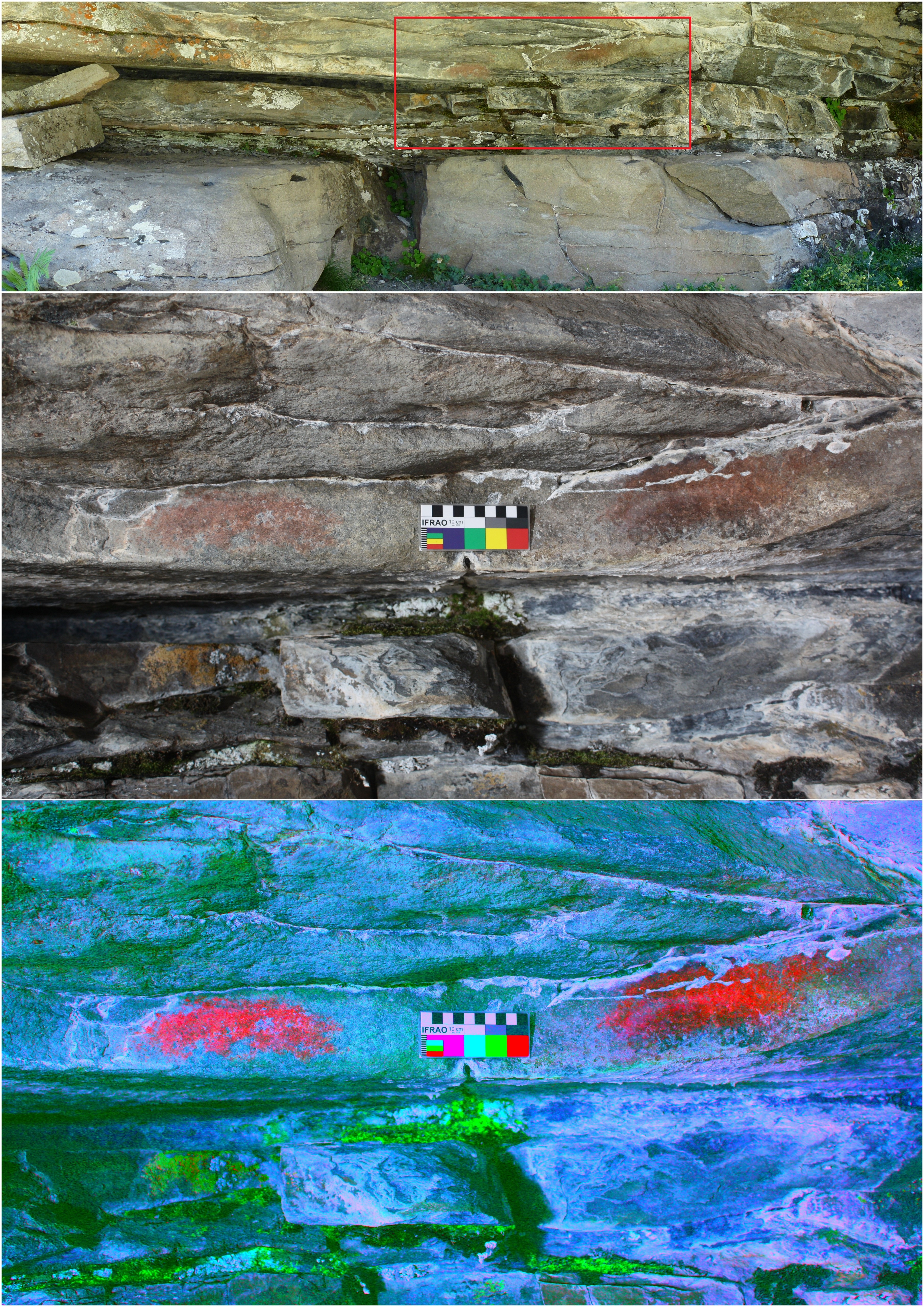 Image: The painted marks on the lower interior face of the rock shelter (top - general view of the interior face of the rock shelter; middle – normal light zoom onto painted marks; bottom –DStretch enhanced zoom onto painted marks) (Photo and enhancement: C. Defrasne).