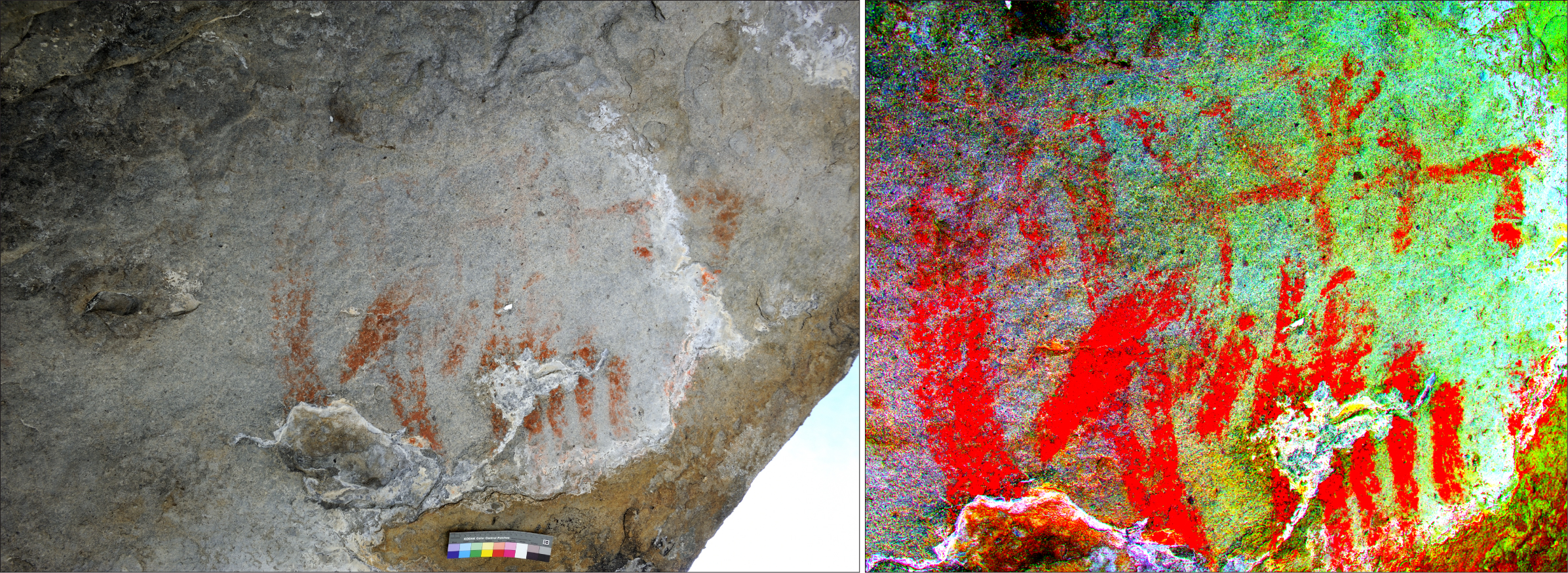 Image: The paintings at the Abri Faravel. Two groups of roughly parallel lines, and two animals facing one another. (a) Normal light image; (b) Zoom of paintings – colours enhanced with DStretch with the YBR matrix (Photo and enhancement: C. Defrasne)