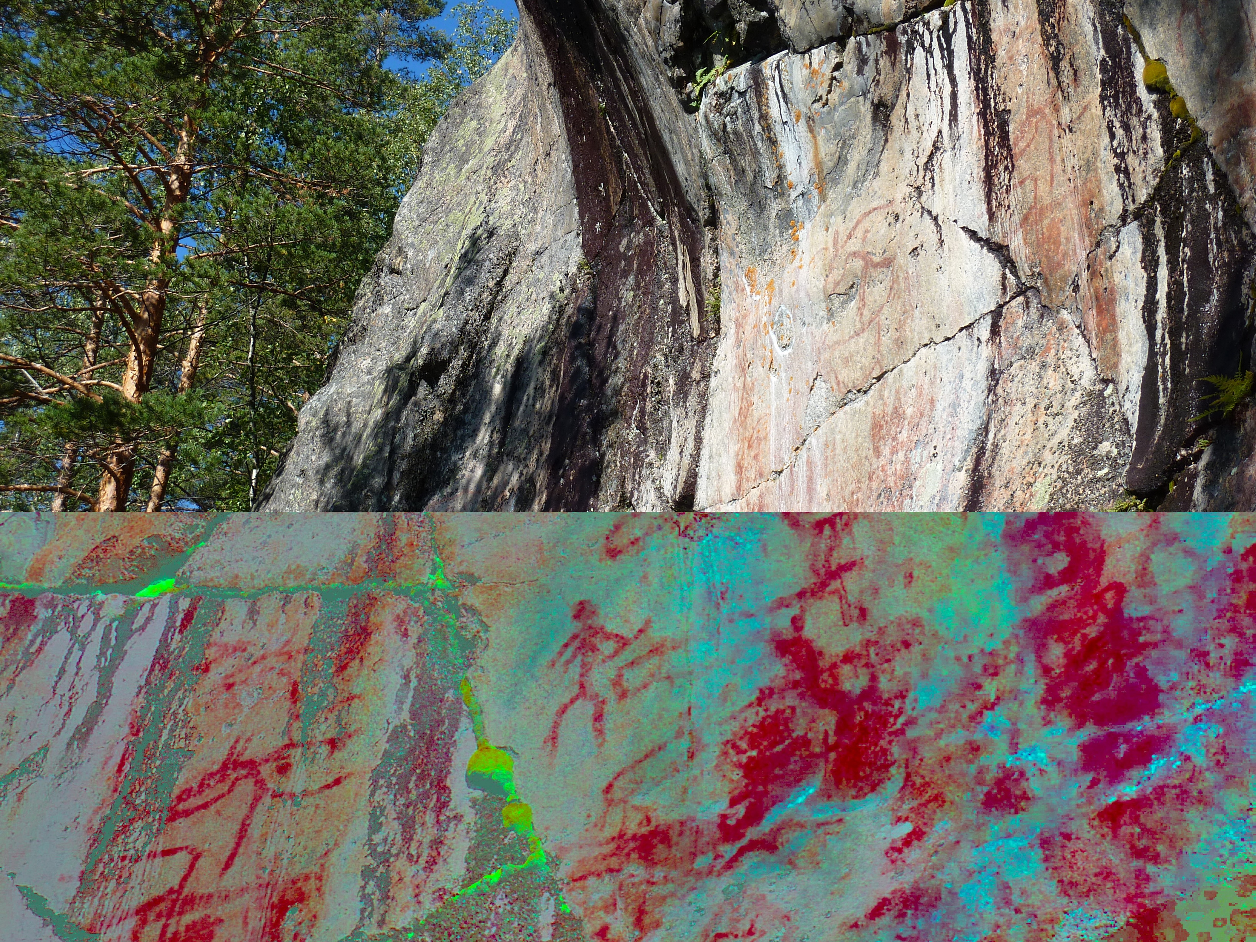 Image: Rock art from Astuvansalmi (Finland) - colours enhanced with DStretch and the LRE matrix (Photo: K. Walsh)
