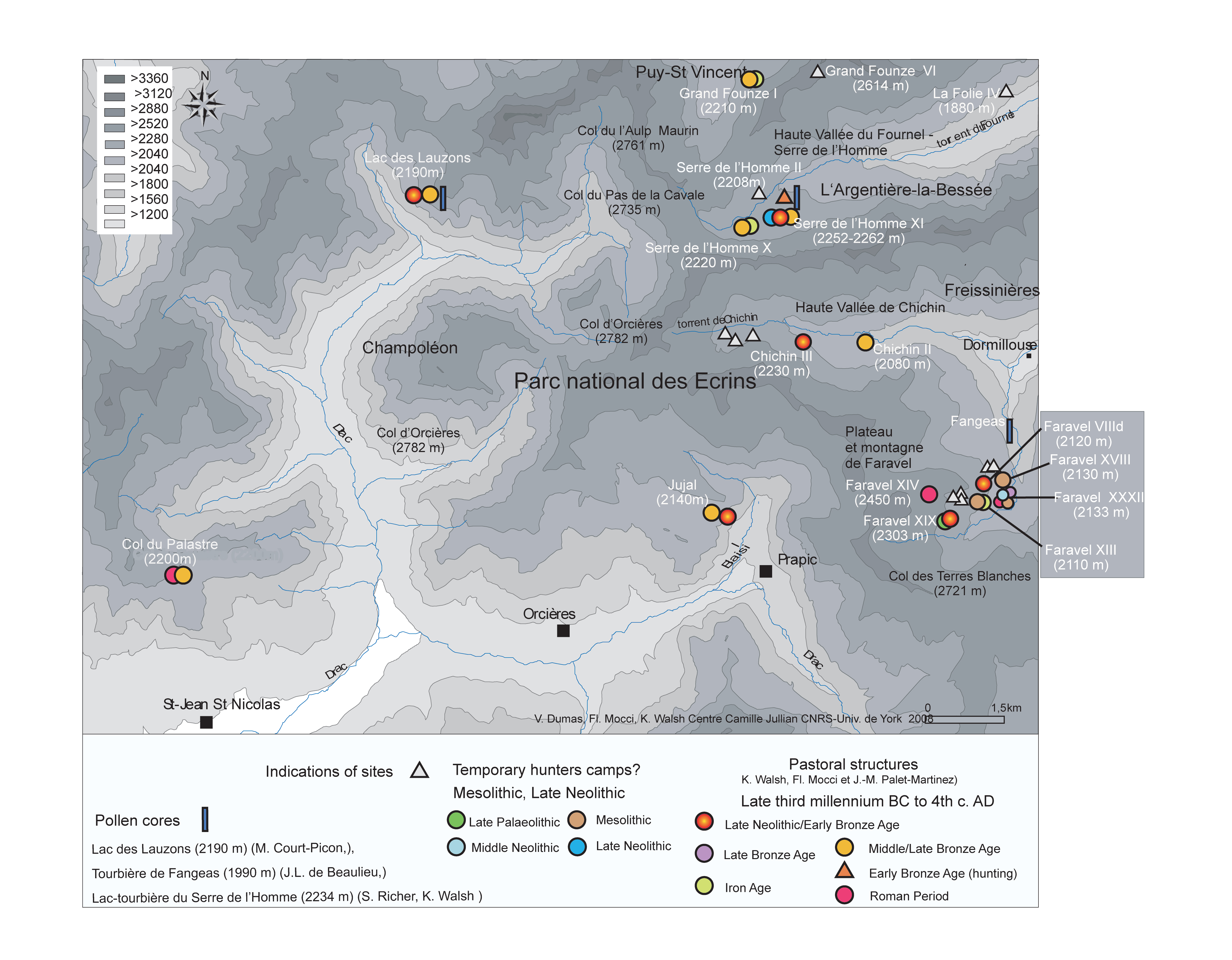 Image: Distribution map of the archaeological sites in the high altitude area of southern Ecrins. Faravel is centre-right of map (Image: V.Dumas, F. Mocci and K. Walsh)