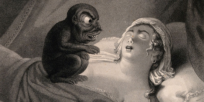A perturbed young woman fast asleep with a devil sitting on her chest; symbolizing her nightmare. Stipple engraving by J.P. Simon, 1810, after himself. Credit: Wellcome Collection. CC BY