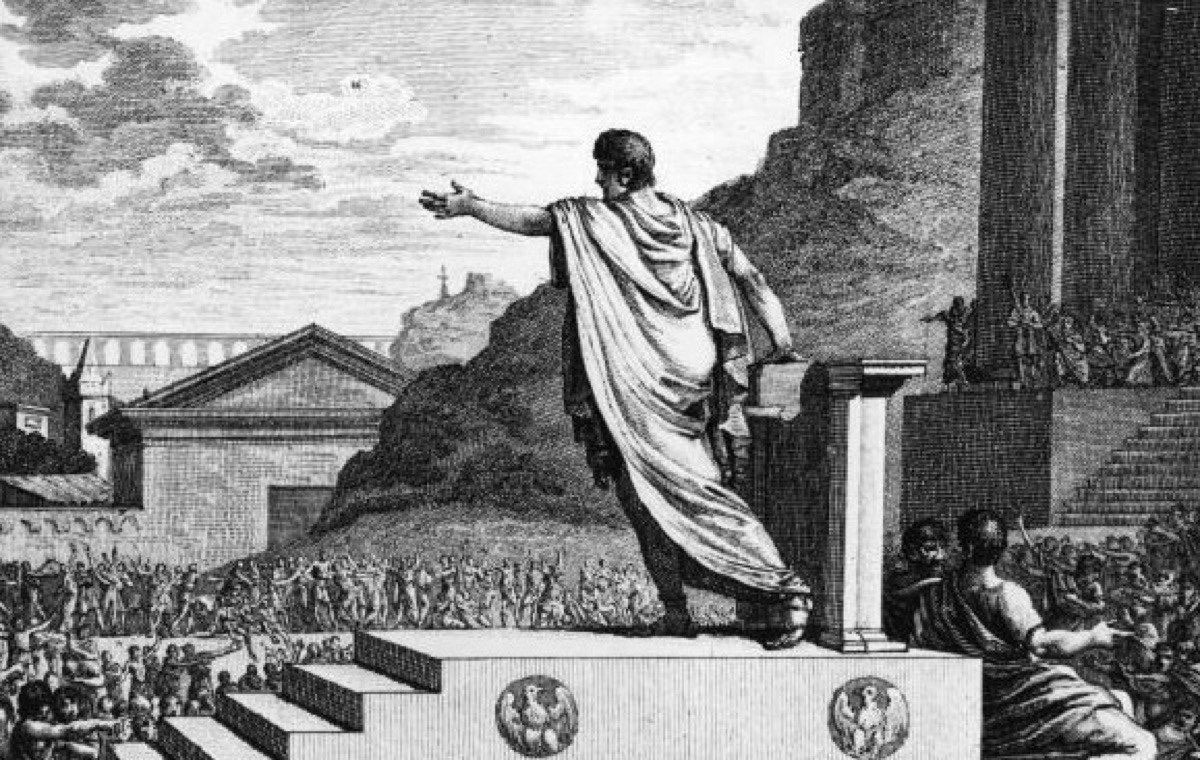 An etching of a plebeian man addressing an ancient crowd.