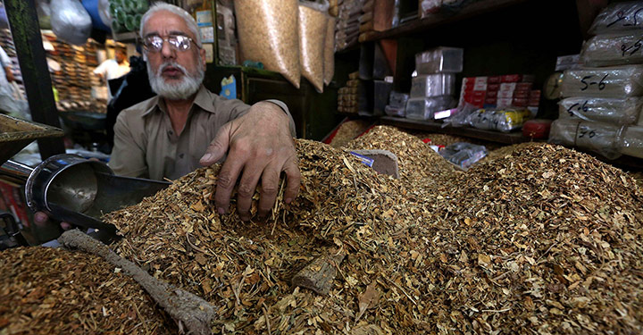 A Pakistani man sells tobacco in his shop a day ahead of World No Tobacco Day, in Peshawar, Pakistan, 30 May 2013 (Copyright: © epa european pressphoto agency b.v. / Alamy)