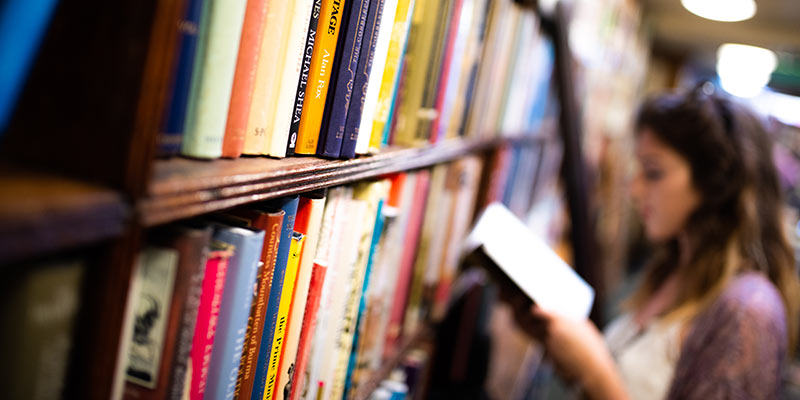 A shelf of library books