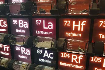 Photo of an exhibit made by Dept of Chemistry workshops for the York Festival of Ideas 2019 Periodic Table exhibition. The periodic table shown contains samples of each element.