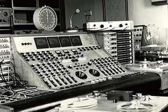 Photo of an electronic music desk at the University of York, 1970s.