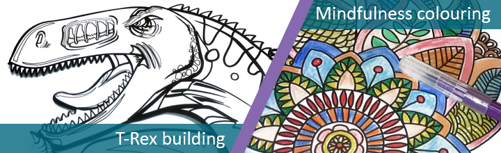 Mindfulness colouring and T-Rex building