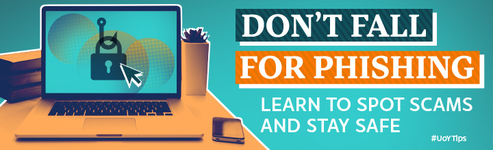 Image of a laptop computer on a banner image with the words Don't fall for phishing - learn to spot scams and stay safe