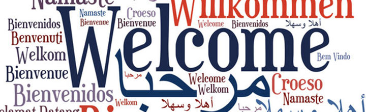 Graphic with 'welcome' displayed in different languages