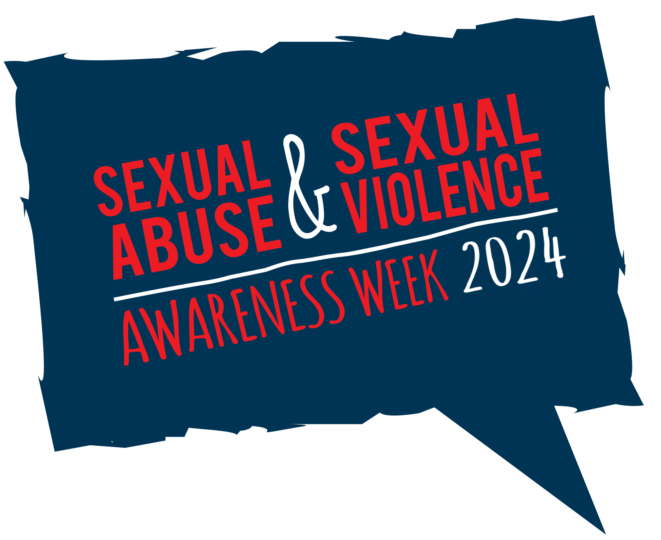 A blue speech cloud reading 'Sexual Abuse and Sexual Violence Awareness Week 2024'