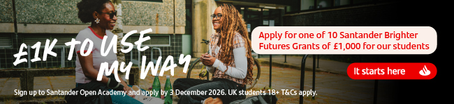 A promotional graphic for the 2026 Brighter Futures Grants Programme, featuring two students chatting on an outdoor bench. Text encourages readers to apply by 3 December 2026 for the chance to win £1,000 to support their studies.
