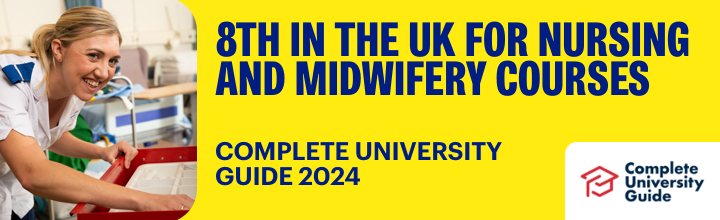 Nursing and midwifery courses ranked 8th in the UK in the Complete University Guide 2024.