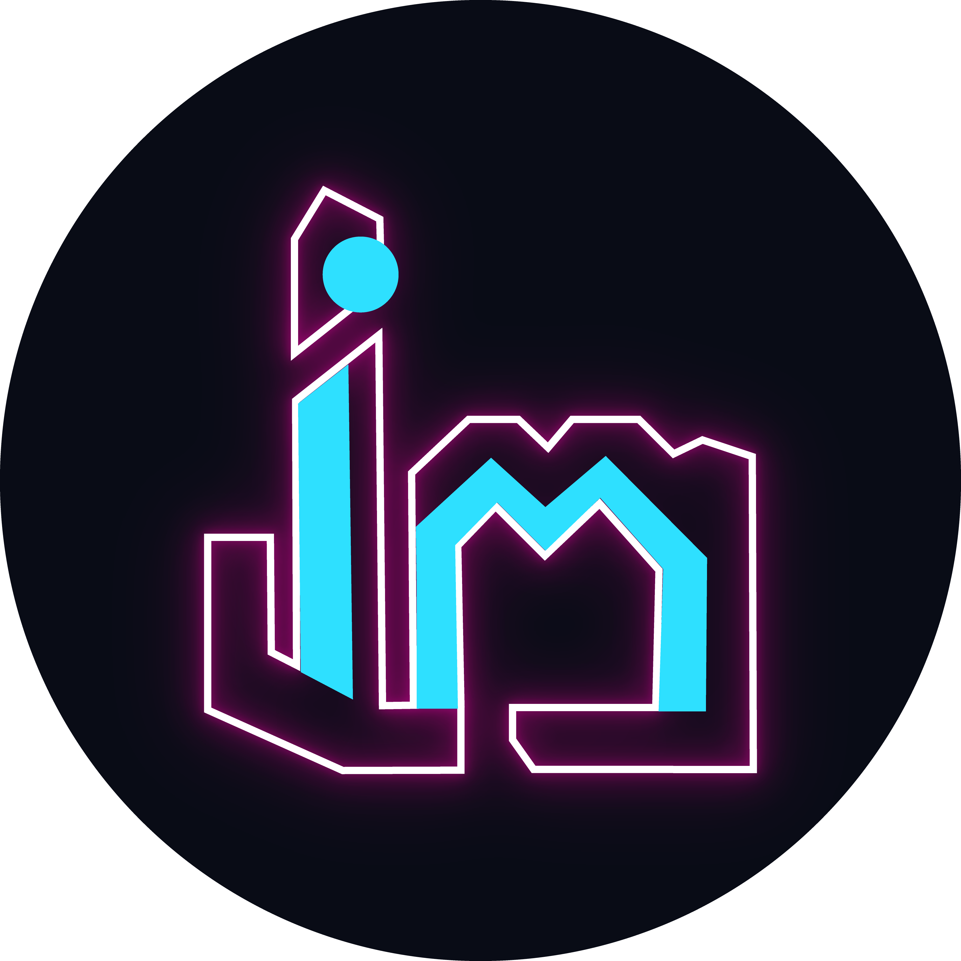 A round logo with black background. The letters IM have been joined together by pink neon outline, with blue highlights leaning to the left inside the outline. The design has a modern graphic look.