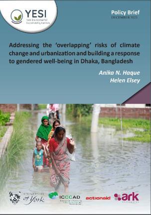 Policy Brief showing Bangladeshi woman and children walking through flood water
