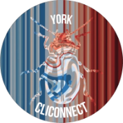 York CliConnect Network Logo with an image of a beetle over blue and red vertical lines