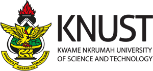 KNUST logo made up of a Pot of Fire, Callipers, a Golden Stool, an Eagle with outstretched wings, Green leaves, and a Slogan.