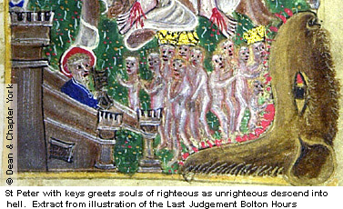 St Peter with keys greets the souls of the righteous as the unrighteous descend into hell