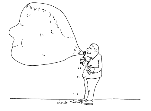 Cartoon of a man blowing a huge soap bubble.