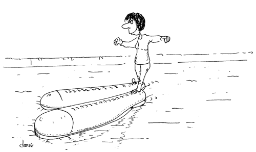 Cartoon of Annie walking on water using huge boots.